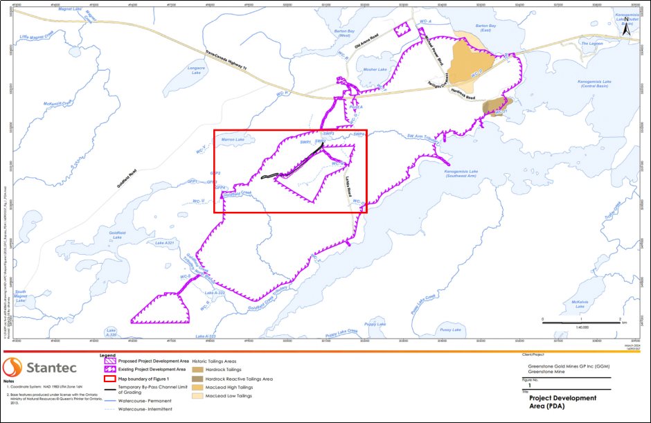 Zoomed-out map displaying the boundary of the zoomed-in map from figure 1 and the entire Project Development Area (PDA). The map provides an overview of the geographical context and the extent of the PDA in relation to the temporary by-pass channel location.